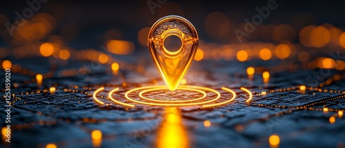 A glowing location pin on a vibrant map background, symbolizing digital navigation and geolocation technology.