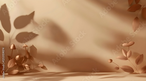 Fototapeta Naklejka Na Ścianę i Meble -  Beige background with autumn leaves and mushrooms. Autumn or Halloween background, for September 1st. 2025 color concept. Mocha mousse. Copy space. Minimalistic and modern space, template.