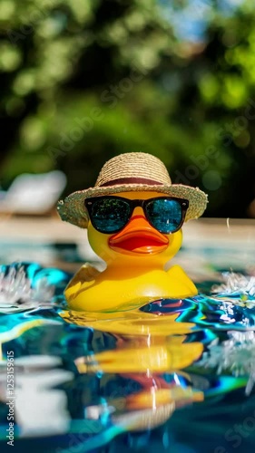 Yellow rubber duck wearing sunglasses, relaxing poolside with straw hat
