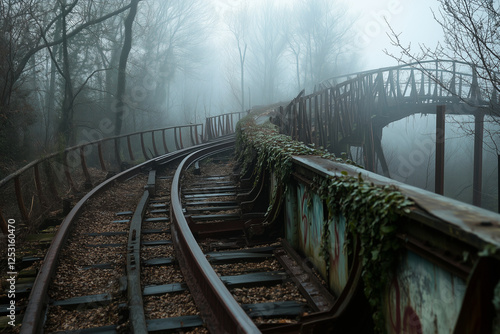 Abandoned railway tracks disappearing into a misty forest, overgrown with lush green foliage and surrounded by dense trees