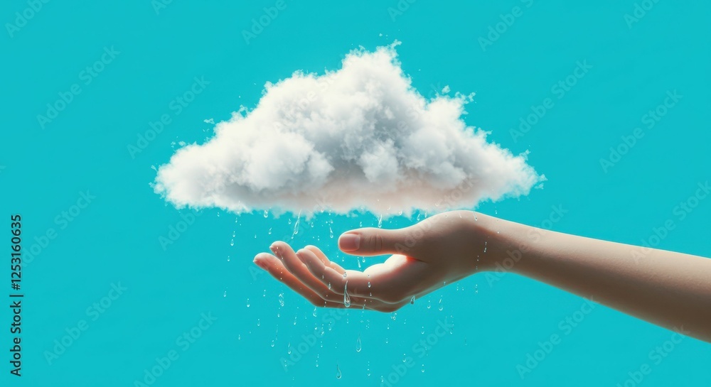 Surreal scene of hand holding cloud with water droplets against blue sky Surreal scene of hand holding cloud with water droplets against blue sky