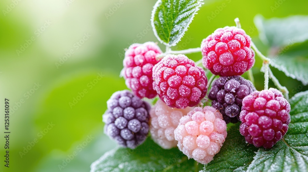 Frozen raspberries on branch, garden background, food photography Frozen raspberries on branch, garden background, food photography