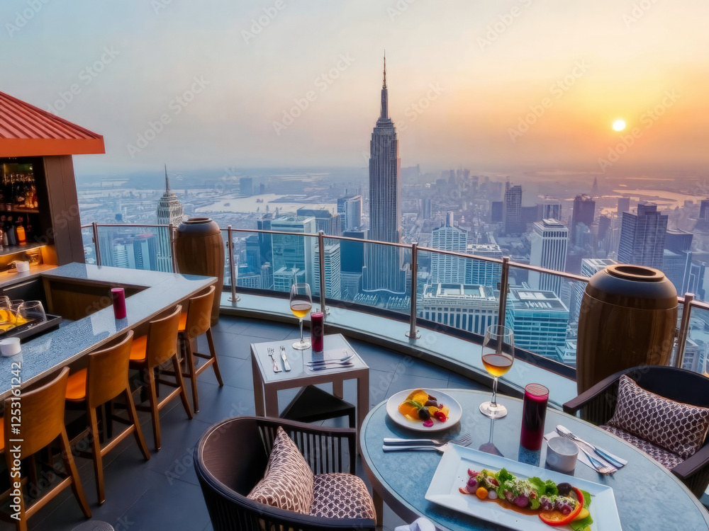 A view of New York City from a rooftop bar with a sunset in the background. The bar has several tables with wine glasses and plates of food