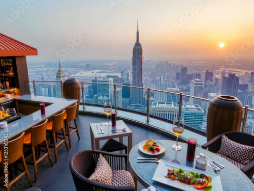 Obraz na płótnie A view of New York City from a rooftop bar with a sunset in the background. The bar has several tables with wine glasses and plates of food w salonie