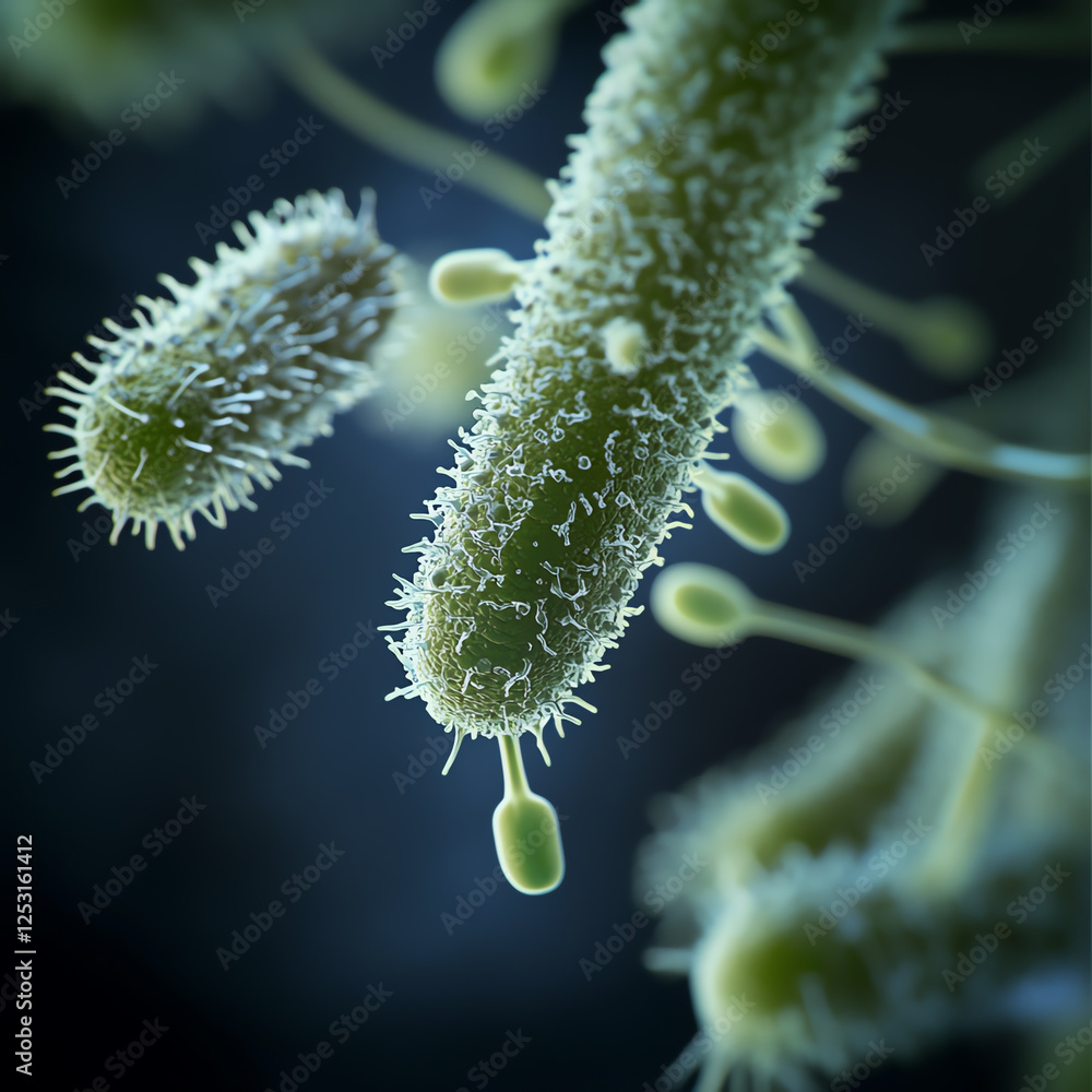 Fototapeta premium A captivating microscopic view of vibrant, spiky bacteria showcasing their unique shapes and features