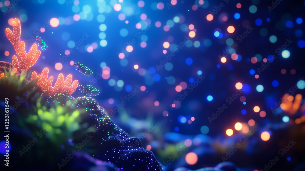 Glowing Underwater Realm With Bioluminescent Plankton, Vibrant Coral, and Small Fish Creating a Magical Atmosphere