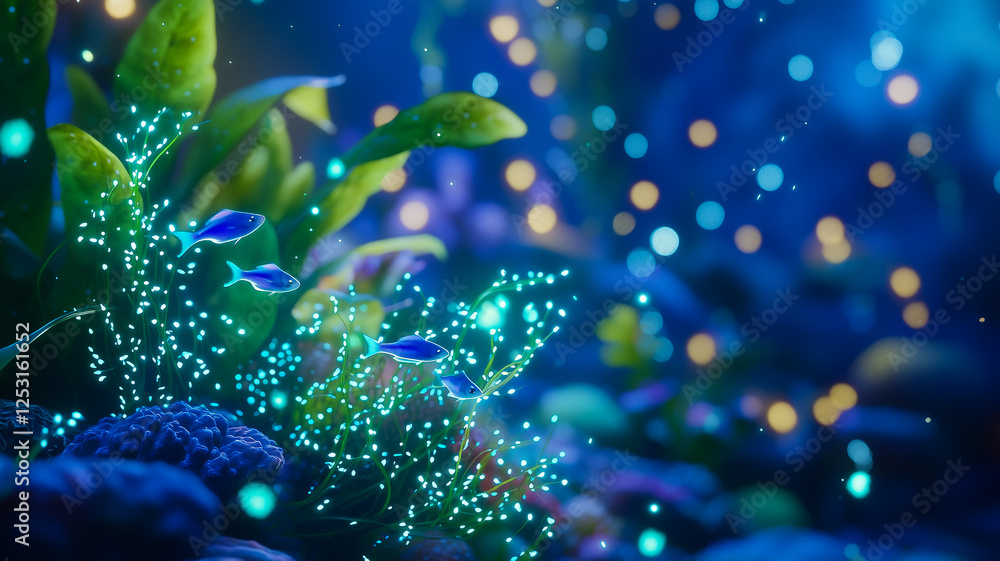 Glowing Underwater Paradise With Bioluminescent Plankton and Vibrant Marine Life in a Magical Ambiance