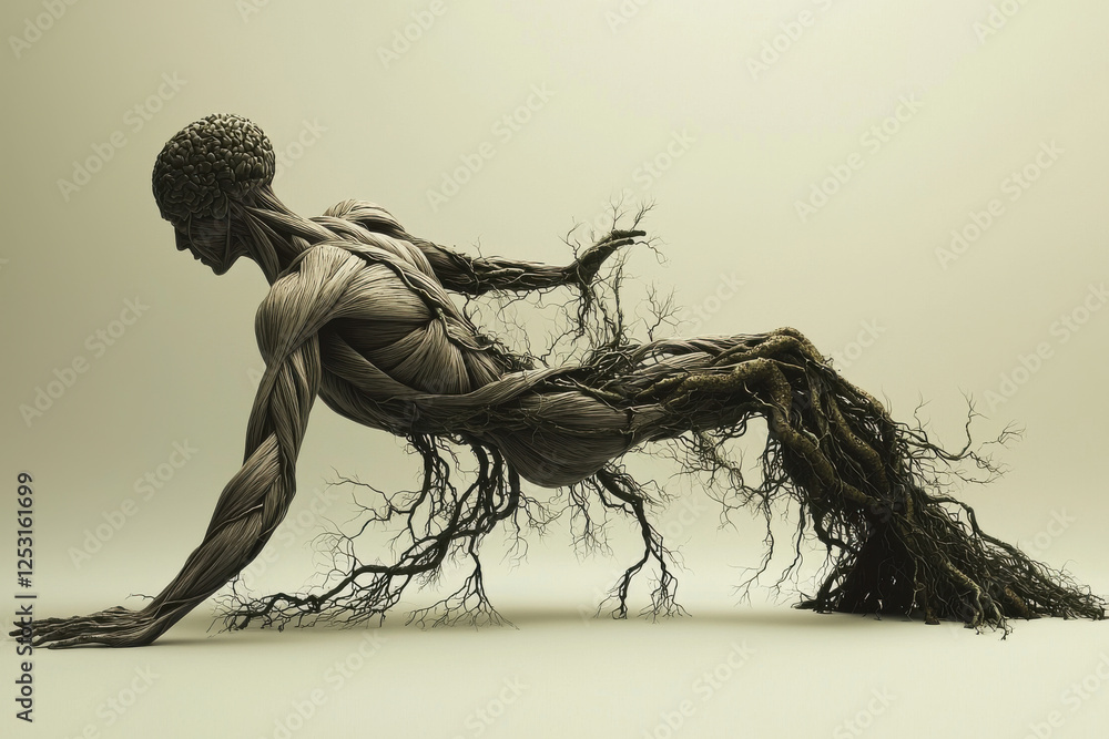 Fototapeta premium Human muscle fibers merging into tree roots surreal art