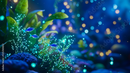 Obraz na płótnie Glowing Underwater Paradise With Bioluminescent Plankton and Vibrant Marine Life in a Magical Ambiance w salonie