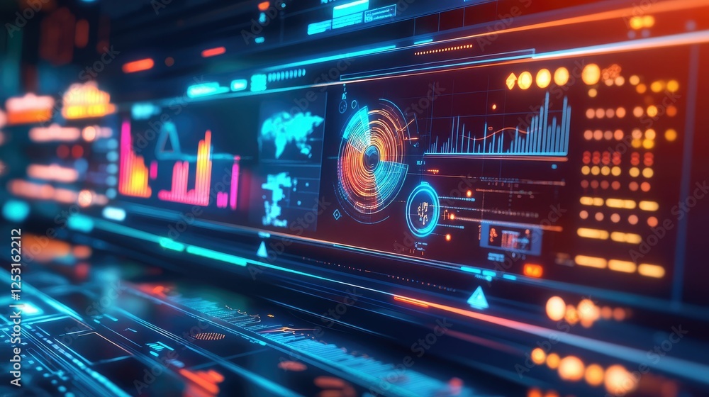 Obraz premium Futuristic interface displays data graphs, charts.