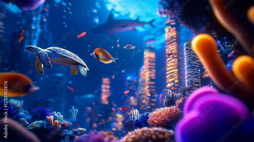 Vibrant Underwater Metropolis With Coral Skyscrapers and Diverse Marine Life