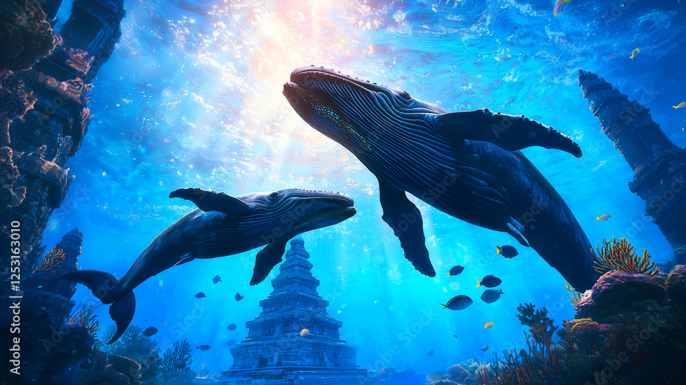 Massive Blue Whales Swim Around an Ancient Underwater Temple Adorned With Coral and Marine Life