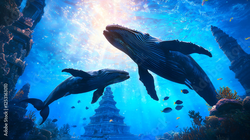 Massive Blue Whales Swim Around an Ancient Underwater Temple Adorned With Coral and Marine Life