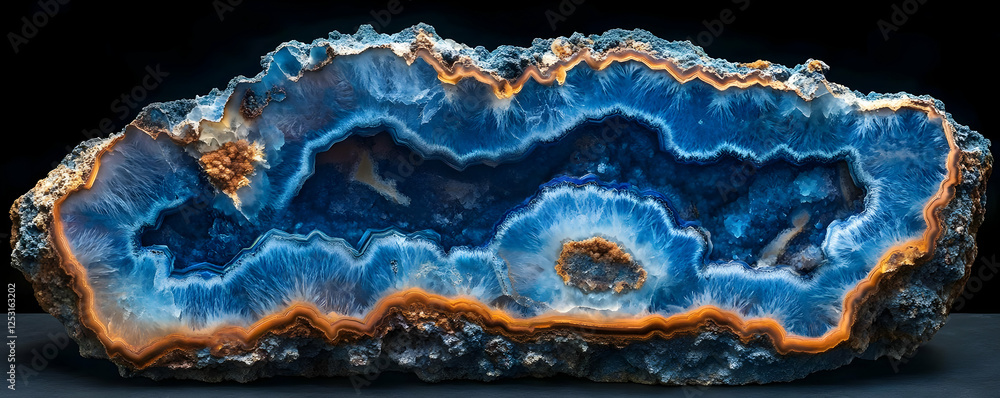 Blue agate geode, mineral detail, dark background, science Blue agate geode, mineral detail, dark background, science