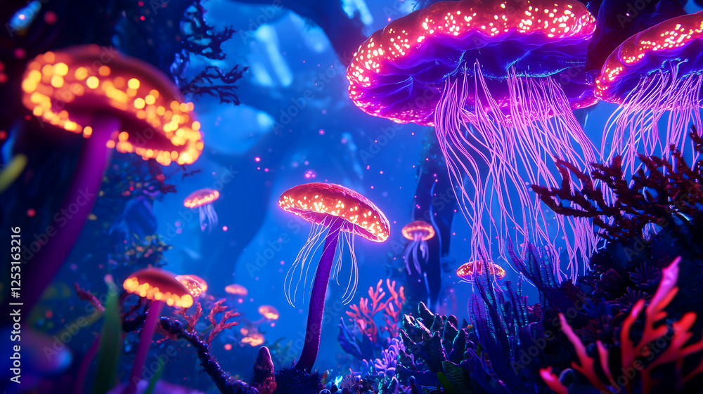 Mystical Glowing Portal Reveals Vibrant Underwater Realm Guarded by Jellyfish and Coral Structures