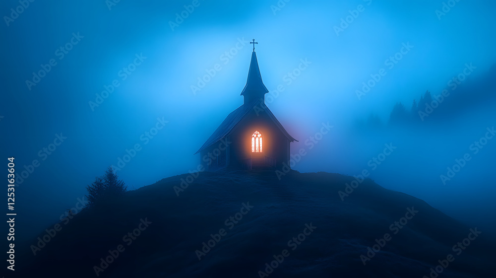 Fototapeta premium A chapel perched on a misty hill, with blue flames glowing softly inside and lighting up the foggy air around it.