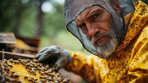 Beekeeper wears protective suit and veil while inspecting honeycomb vibrant busy bees in sunlit meadow filled wildflowers creating serene agricultural setting. photo