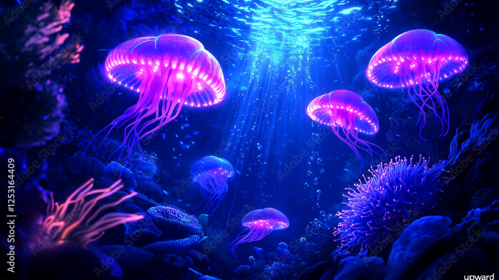 Underwater Canyon With Glowing Anemones and Upward-Flowing Waterfalls in a Futuristic Ocean