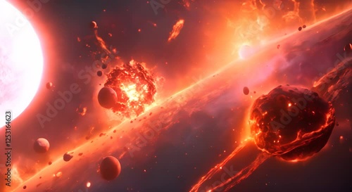 A fiery apocalypse in space destroys cosmic objects with planets shattering like glass stars exploding into brilliant supernovas and asteroid belts disintegrating into glowing dust 4K