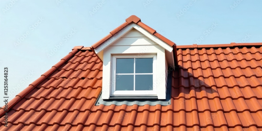 Sunlight Illuminates a Newly Installed Dormer Window on a Red Tile Roof Under a Clear Sky Sunlight Illuminates a Newly Installed Dormer Window on a Red Tile Roof Under a Clear Sky
