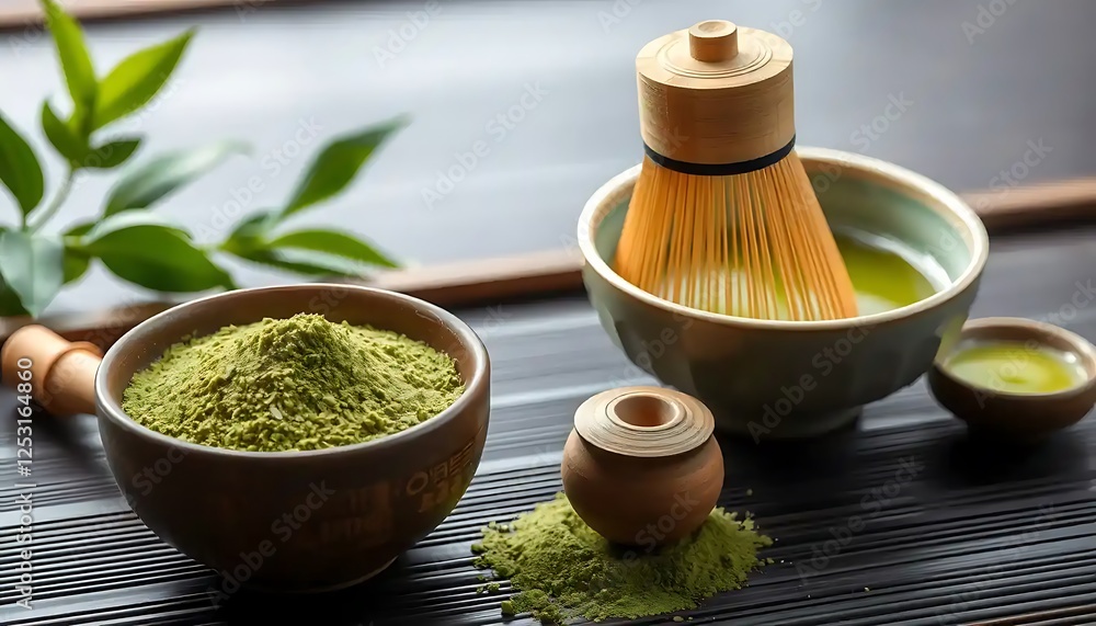 Matcha Tea Ceremony Preparation With Utensils And Leaves Matcha Tea Ceremony Preparation With Utensils And Leaves