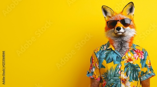 Playful Fox in Hawaiian Shirt and Sunglasses Studio Setting Humorous Portrait Vibrant Color Background