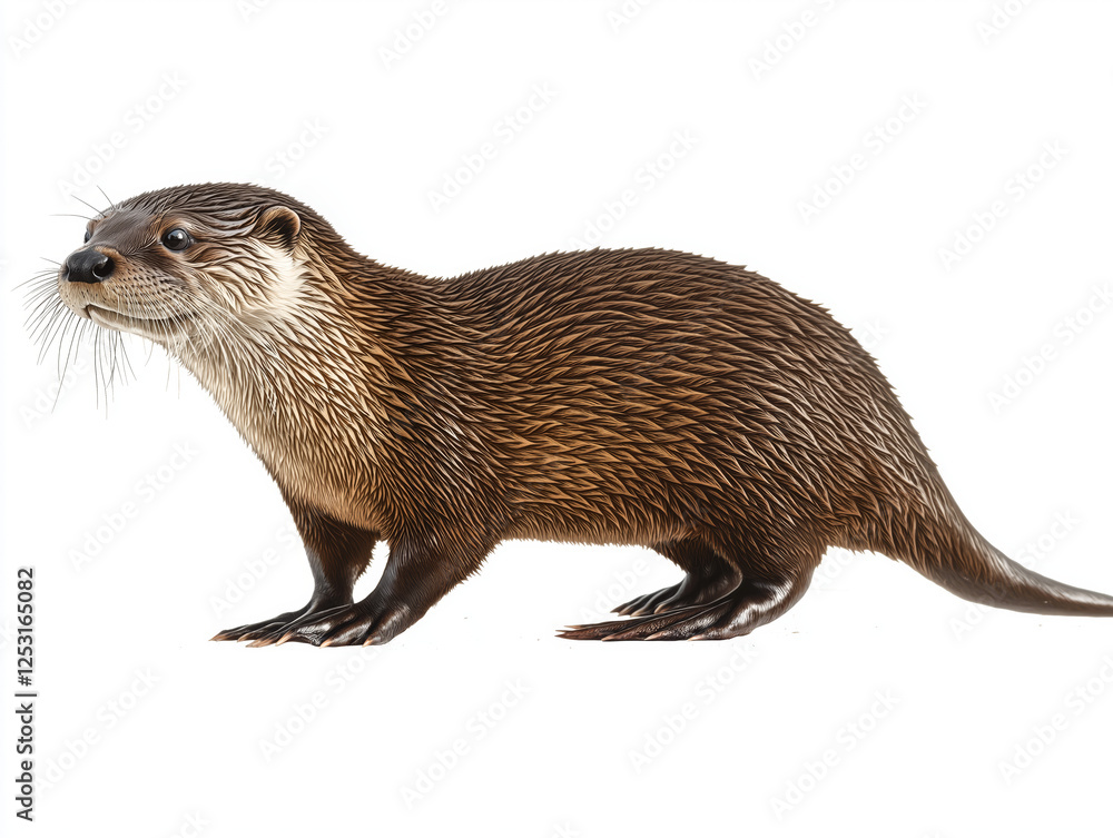 A river otter, sleek and brown, stands alert against a white background. A river otter, sleek and brown, stands alert against a white background.