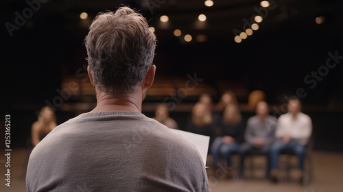 A Playwright Rehearsing a Scene with Actors in a Theater photo