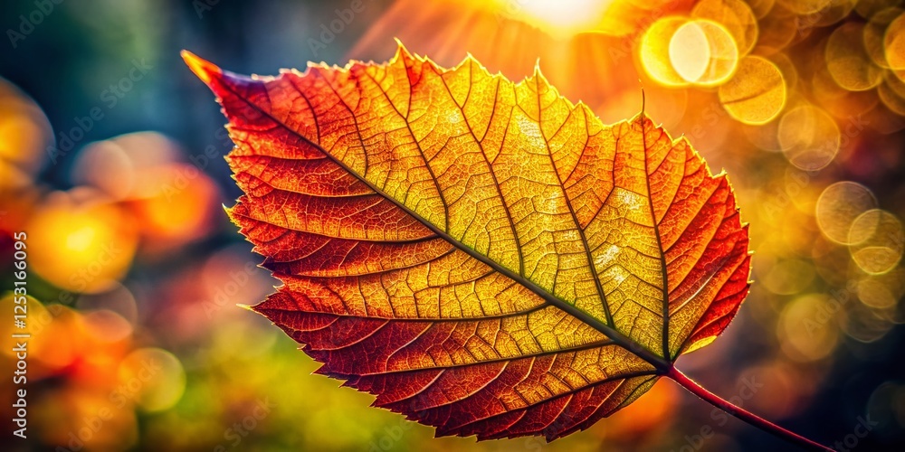 Sunlit Autumn Leaf, Vibrant Fall Foliage, Shallow Depth of Field, Macro Photography Sunlit Autumn Leaf, Vibrant Fall Foliage, Shallow Depth of Field, Macro Photography