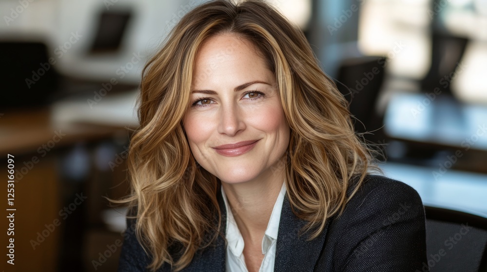 Confident Businesswoman Smiling, Professional Headshot Portrait in a Modern Office Setting