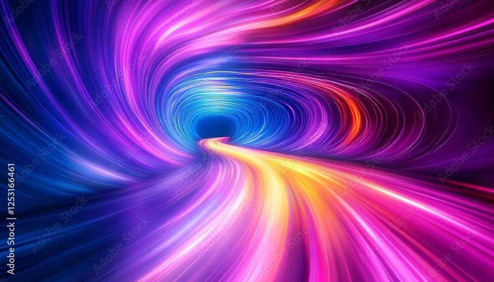 Abstract Purple And Orange Light Trails Flowing In A Tunnel With A Smooth Surface, Digital Art Abstract Purple And Orange Light Trails Flowing In A Tunnel With A Smooth Surface, Digital Art