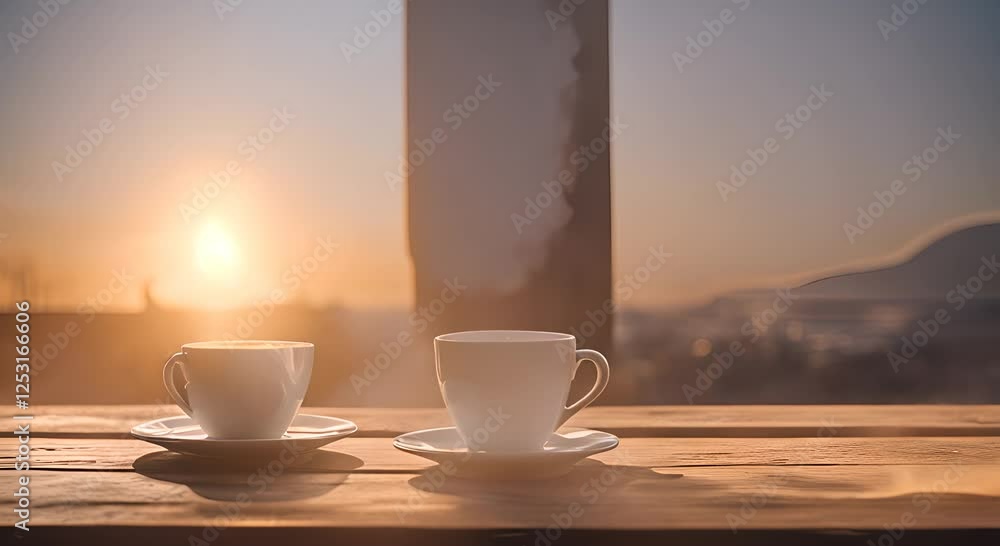 A cup of hot coffee with a beautiful evening view steam rising gently 4K A cup of hot coffee with a beautiful evening view steam rising gently 4K