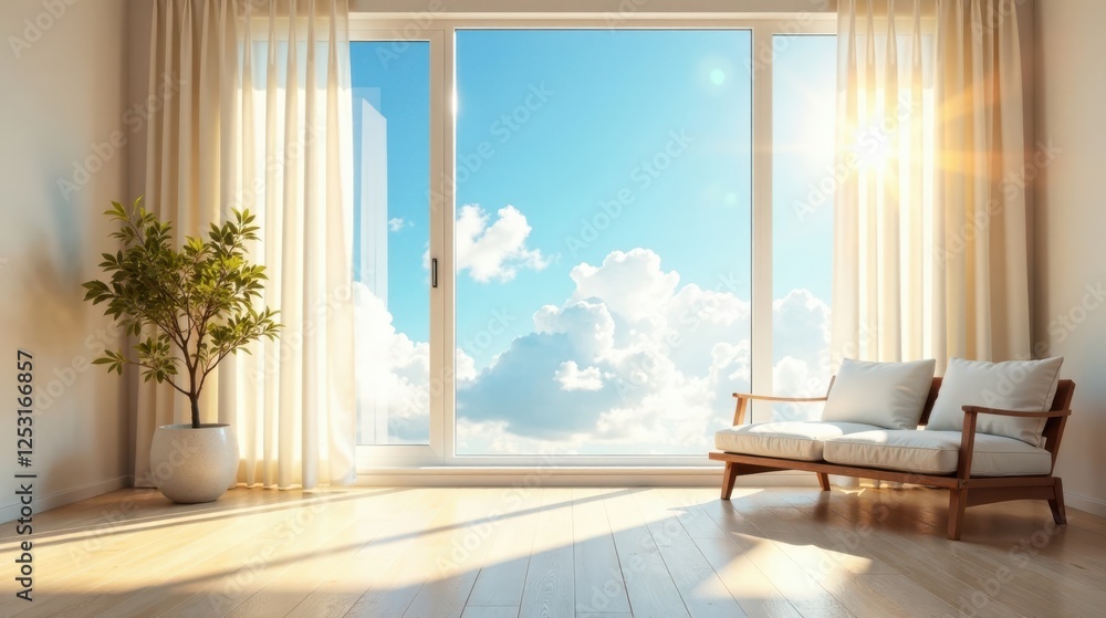 Fototapeta premium Serene Sunlight Illuminates Minimalist Living Space with Expansive Window View and Comfortable Seating