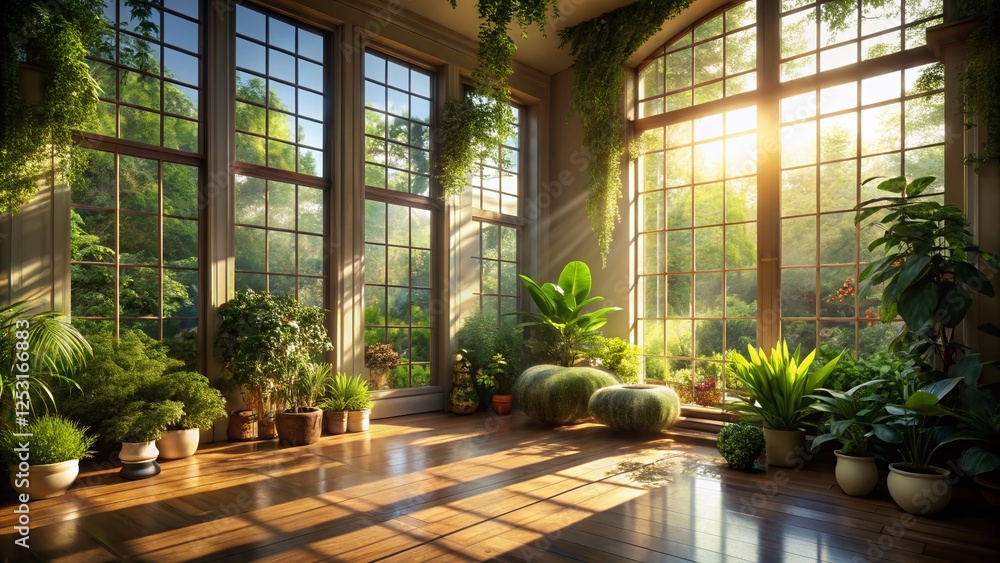 Sunlit Room, Lush Garden View - Bright Interior Stock Photo Sunlit Room, Lush Garden View - Bright Interior Stock Photo