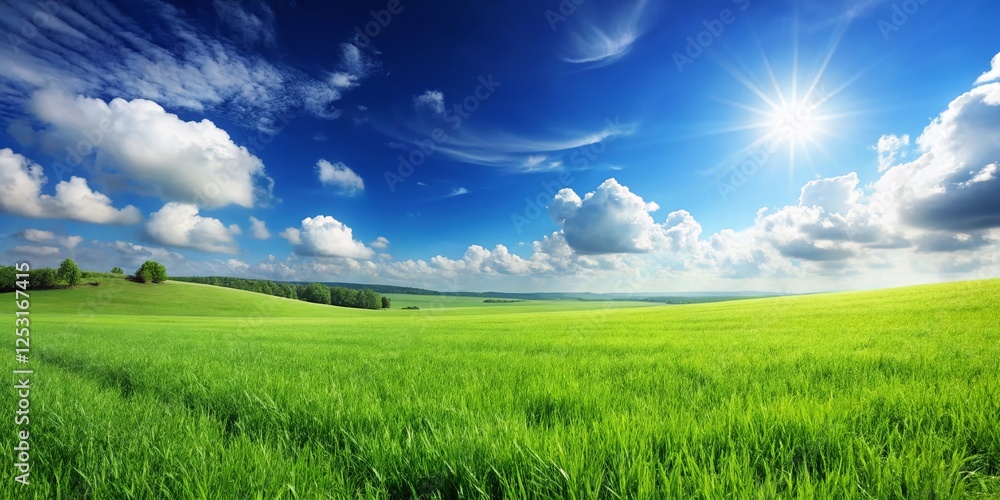 Sunny Blue Sky Over Lush Green Grass Panoramic Landscape Stock Photo Sunny Blue Sky Over Lush Green Grass Panoramic Landscape Stock Photo