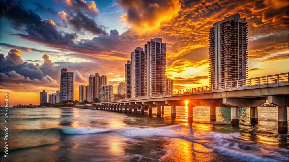 Obraz premium Sunny Isles Beach Sunset: Modern Architecture, Bridge, and Coastal Beauty