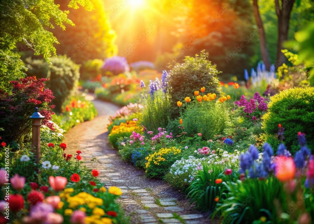 Sunny Path Through Blooming Garden - Miniature Tilt-Shift Photography Sunny Path Through Blooming Garden - Miniature Tilt-Shift Photography