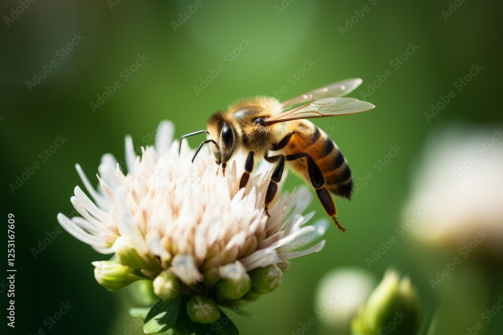 Honeybee pollinating a wildflower in a vibrant meadow on a sunny day. Generative AI Honeybee pollinating a wildflower in a vibrant meadow on a sunny day. Generative AI