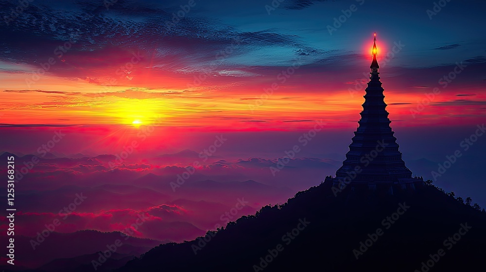 Majestic Pagoda Silhouetted Against Vibrant Sunrise Over Mountains