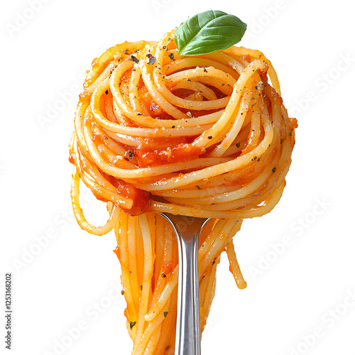Fotografie Draped spaghetti with tomato sauce on a fork isolated on a transparent backgroun