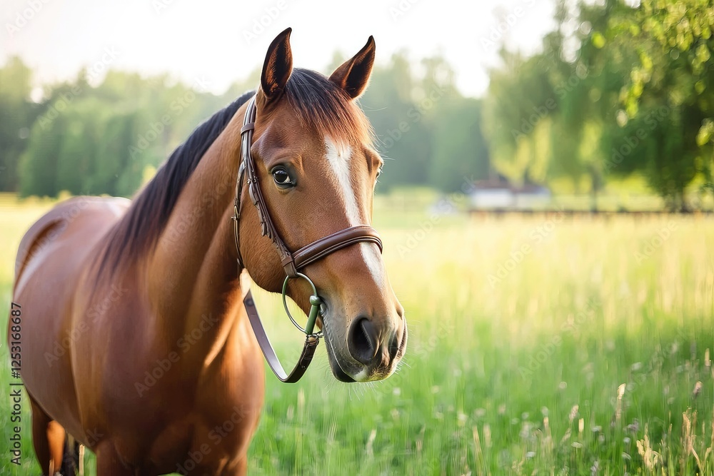 Majestic Brown Horse Stands Gracefully in Lush Green Field Under Golden Sunlight with Soft Bokeh in the Background of Nature Majestic Brown Horse Stands Gracefully in Lush Green Field Under Golden Sunlight with Soft Bokeh in the Background of Nature