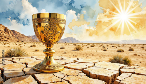 Golden goblet on cracked desert earth under midday sun, timeless artifact