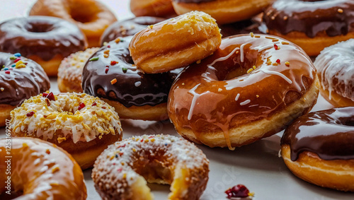 Fresh glazed donuts stacked, isolated on white.