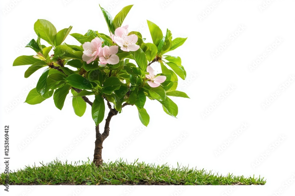 Obraz premium Captivating Green Plant with Delicate Pink Flowers and Lush Grass Base in Bright Natural Lighting for Nature and Gardening Themes