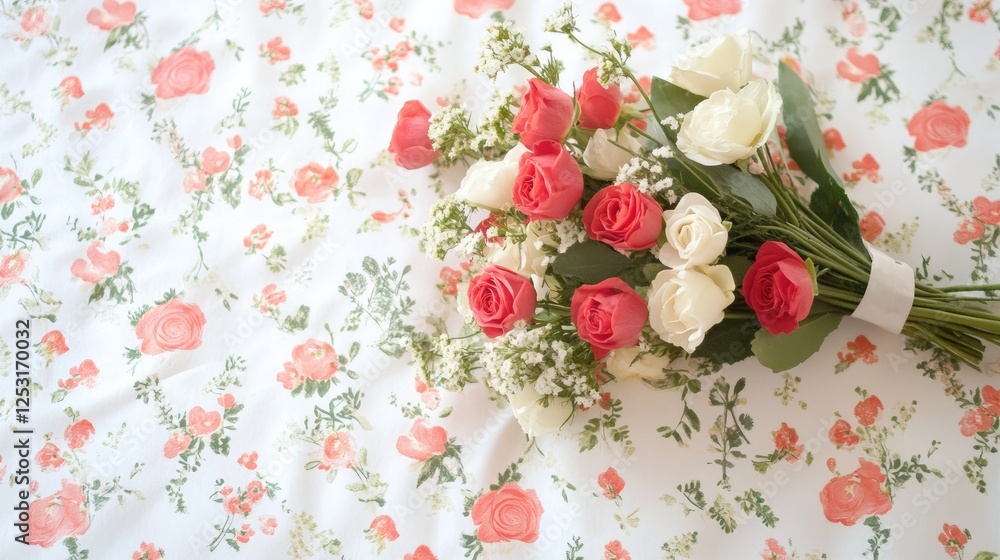 A bouquet of flowers arranged on one corner of floral wrapping paper, about to be folded. A bouquet of flowers arranged on one corner of floral wrapping paper, about to be folded.