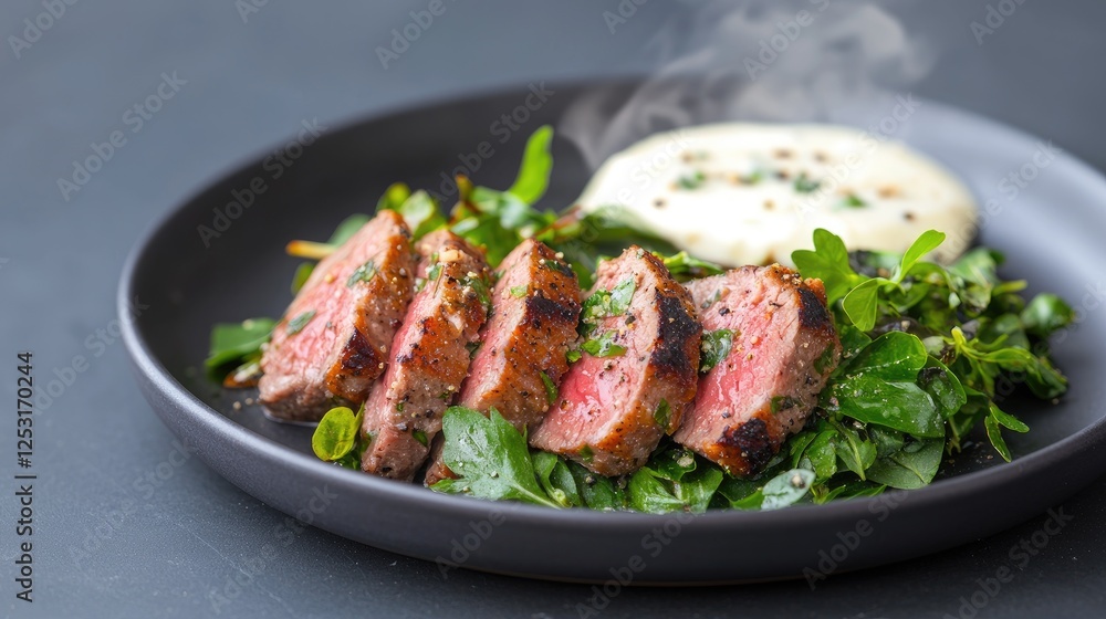 Seared steak, creamy sauce, greens; gourmet meal