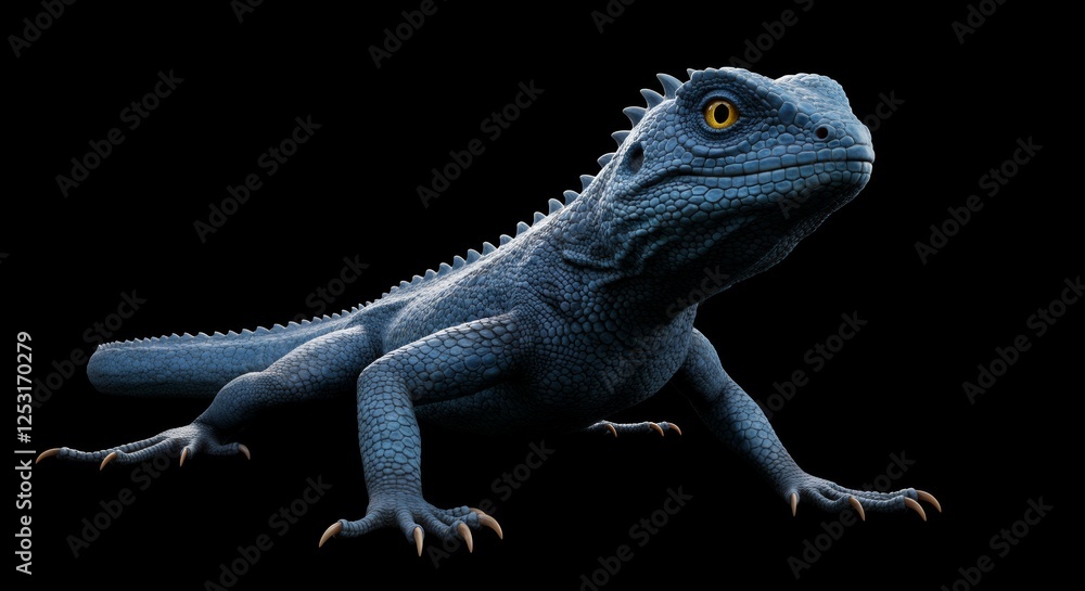 Fototapeta premium Blue iguana with yellow eyes standing against black background