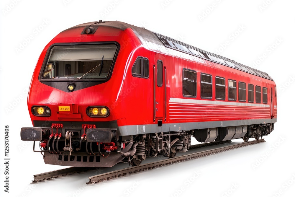 Naklejka premium Bright Red Passenger Train on Tracks Ideal for Urban Travel, Public Transport, and Transportation Industry Imagery in Modern Rail Travel Context