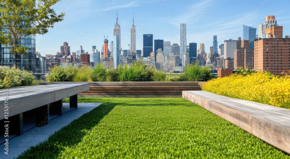 Obraz premium An urban rooftop garden with green grass, wooden benches and city skyline view in New York City.