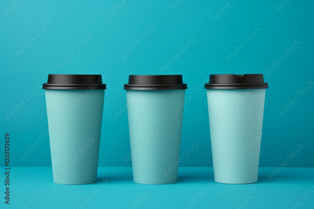 Vibrant coffee cups lined up against a bright turquoise background. Generative AI Vibrant coffee cups lined up against a bright turquoise background. Generative AI